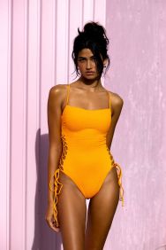 Luli Fama Florida Citrus Square Neck Laced Up One Piece